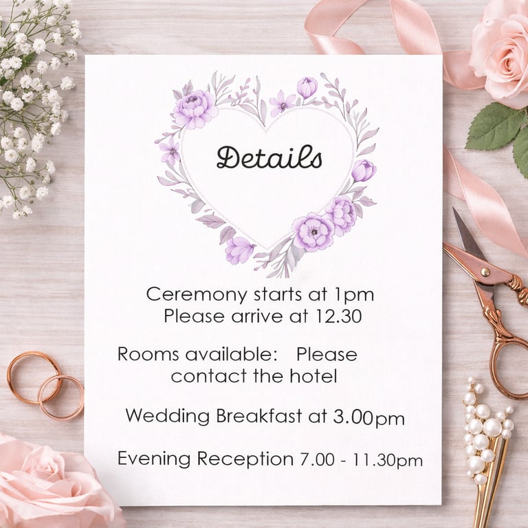 Personalised Wedding Invitation, RSVP & Details Card Set. Lilac Love Heart