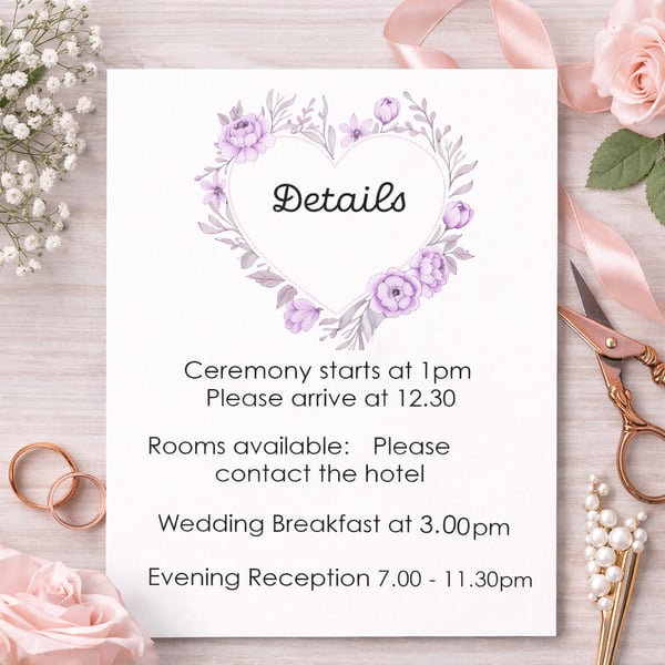 Personalised Wedding Invitation, RSVP & Details Card Set. Lilac Love Heart