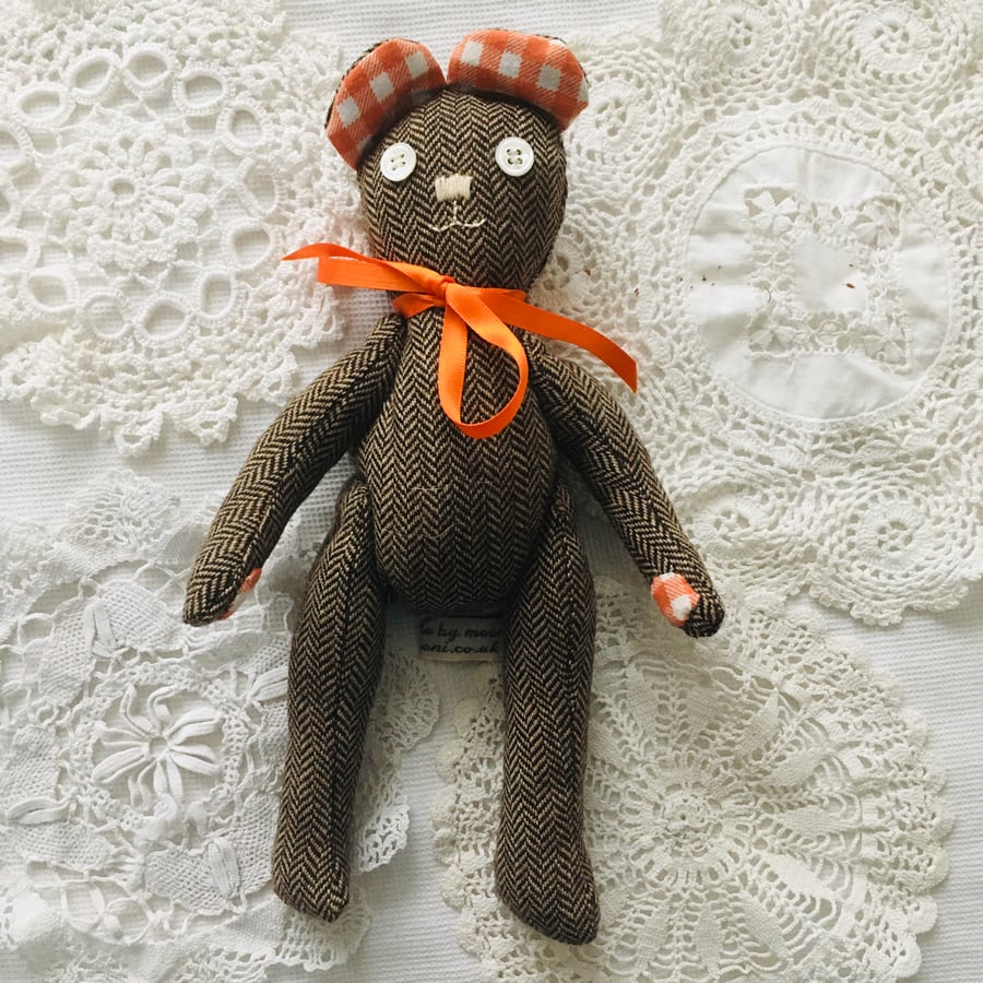 Small Keepsake Tweedy Bear, gingham print ears and paws and orange bow