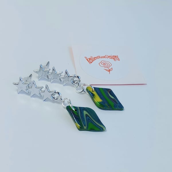 Blue, green, yellow marble effect diamond drop earrings & star studs     