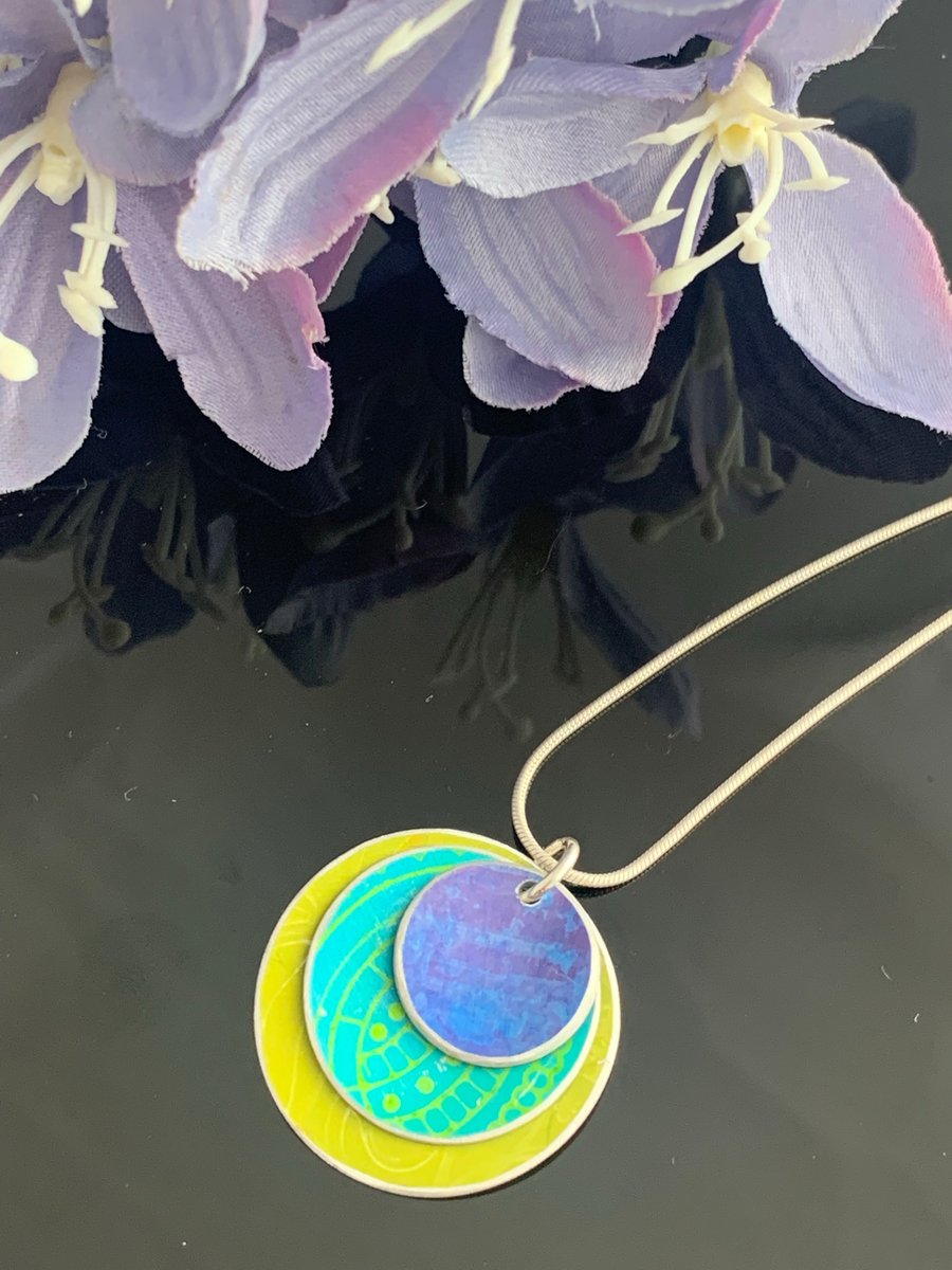 Hand painted aluminium pendant- lime green, turquoise and purple