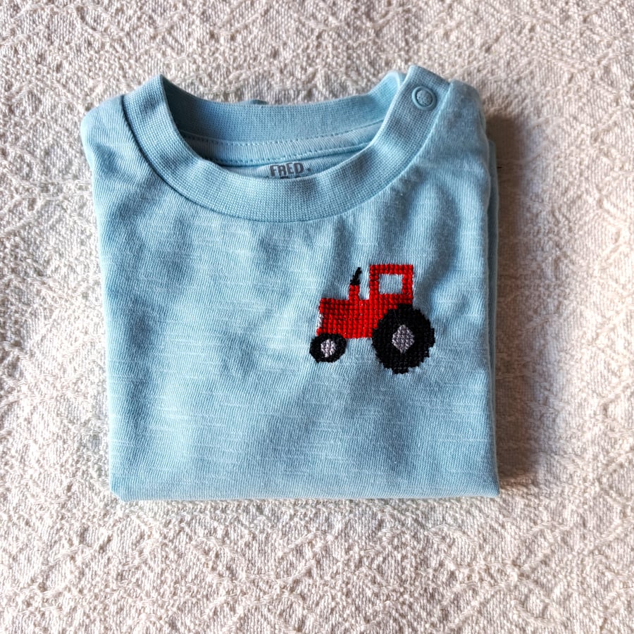 Tractor, T-shirt, age 0-3 months, hand embroidered
