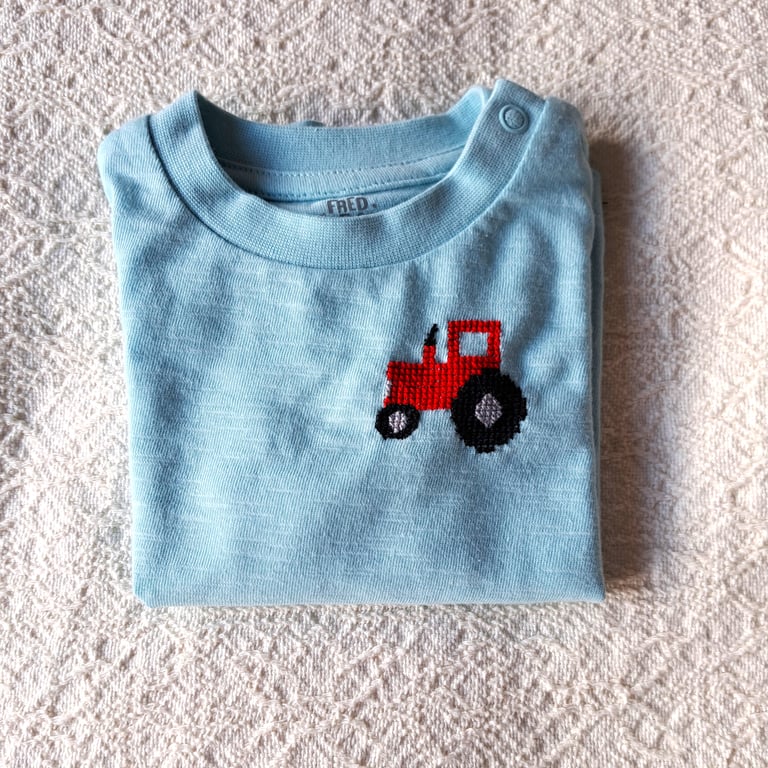 Tractor, T-shirt, age 0-3 months, hand embroidered