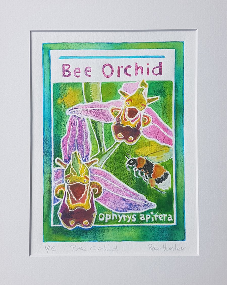 Bee Orchid - original hand painted lino print 004