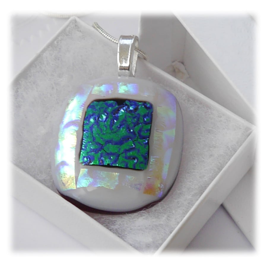 Ivory Dichroic Glass Pendant 154 Emerald Etch with silver plated chain
