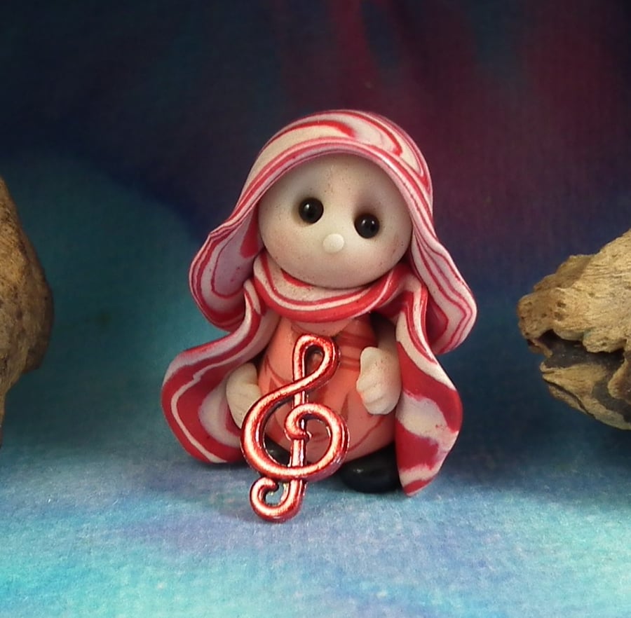 Tiny Musical Gnome 'Nancy' with treble clef 1.5" OOAK Sculpt by Ann Galvin