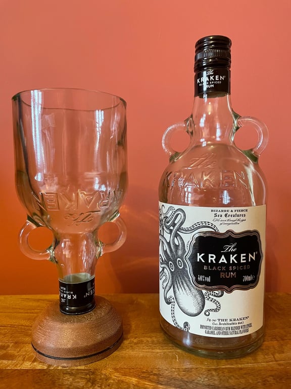 Upcycled Kraken Rum Goblet: Eco-Friendly Wooden Base Glassware