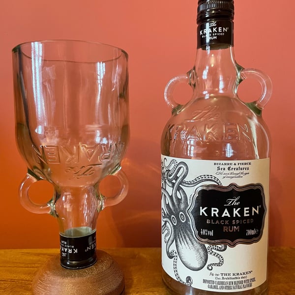 Upcycled Kraken Rum Goblet: Eco-Friendly Wooden Base Glassware