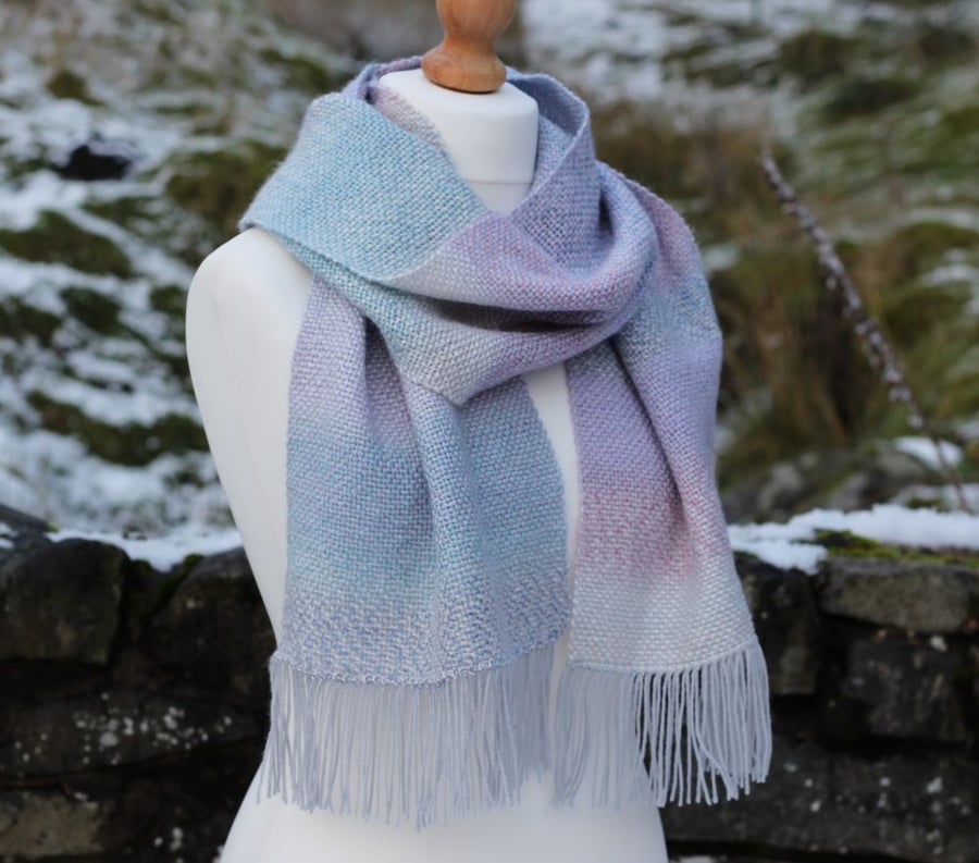 Pastel rainbow and grey handwoven scarf