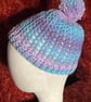 Pink, Purple, Turquoise Shades Fun Crocheted Hat with detachable Pom-pom - Image 4