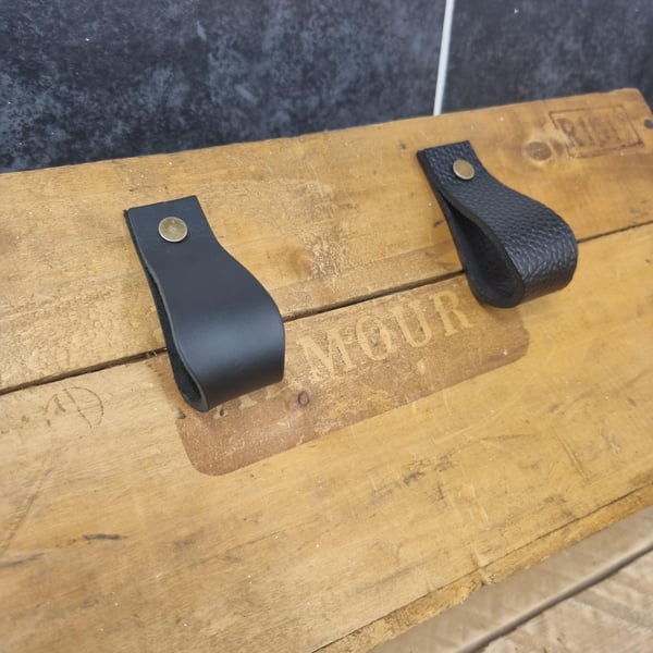 Genuine Leather Drawer Pulls BlackBlack Textured