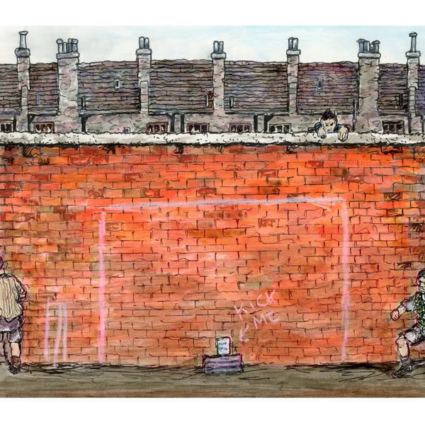 Glasgow Tenement Prints - Kick the can Ink Drawing