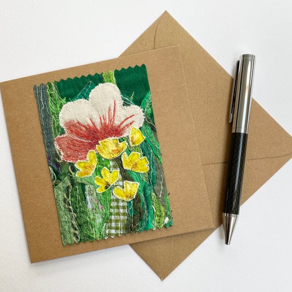 Up-cycled embroidered flower garden card. 
