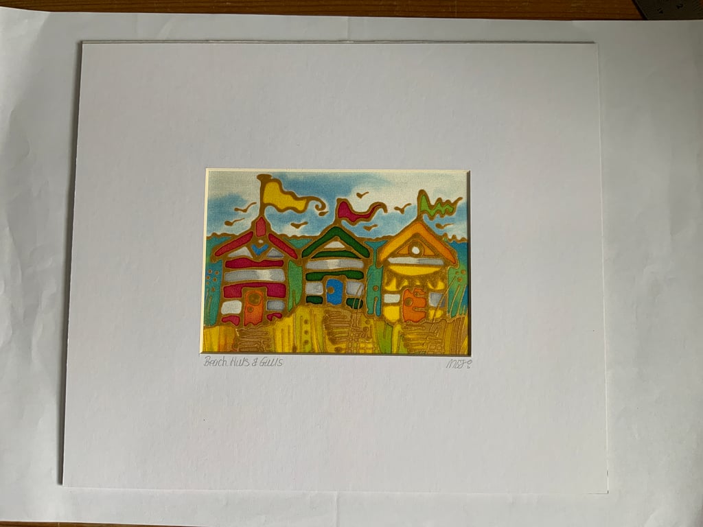 Original Hand Painted Silk Picture of Beach Huts