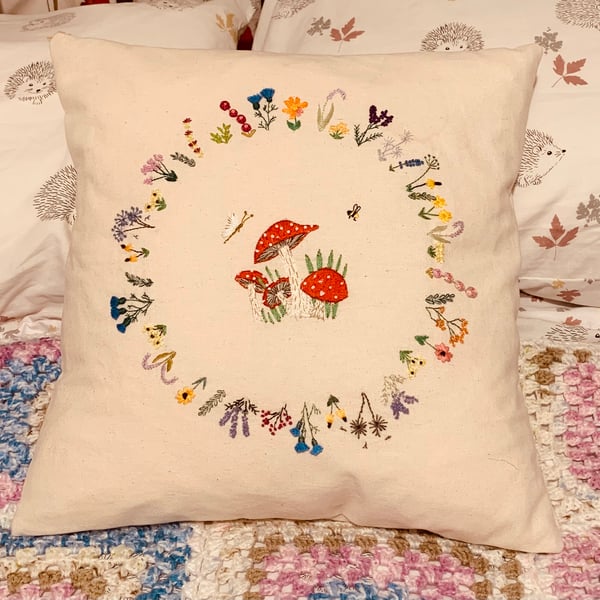 Hand embroidered toadstool cushion cover 