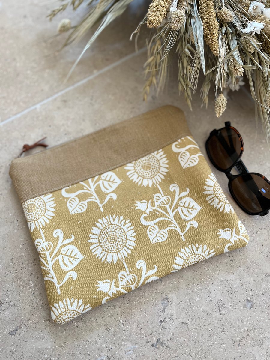 Yellow sunflower book pouch zip bag clutch with Vanessa Arbuthnott linen