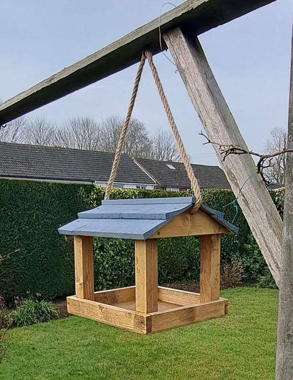 Handmade Wooden Hanging Bird Table Fully Assembled 32x32x28cm Blue Grey Roof
