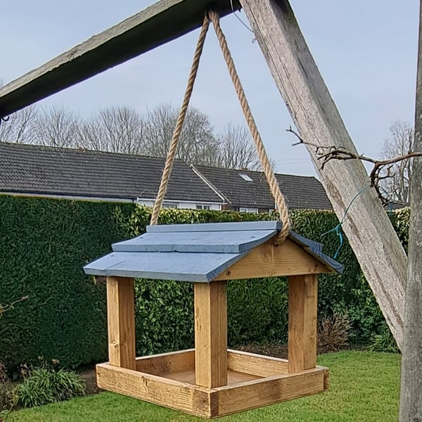 Handmade Wooden Hanging Bird Table Fully Assembled 32x32x28cm Blue Grey Roof