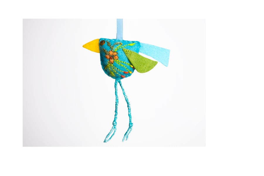 Turquoise hand embroidered bird-shaped bag charm or keyring called Chixy