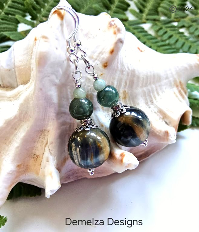 Burmese Jadeite & Natural Untreated Tiger's Eye Earrings 925 silver 
