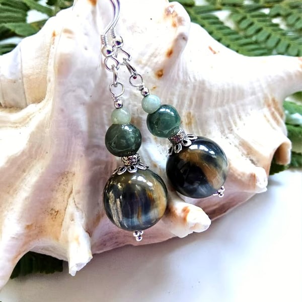 Burmese Jadeite & Natural Untreated Tiger's Eye Earrings 925 silver 