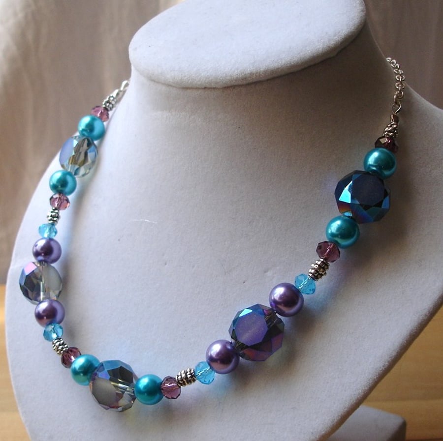 Turquoise and Purple Crystal and Pearl Bead Necklace