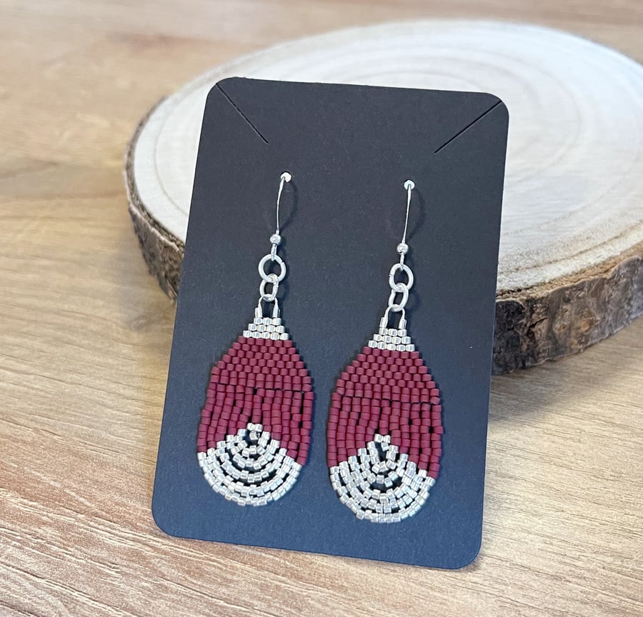 Beadwork teardrop earrings in maroon matt red and silver
