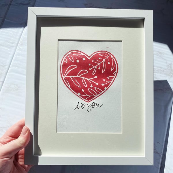 Framed Pearlescent Red I Love You Lino Print 