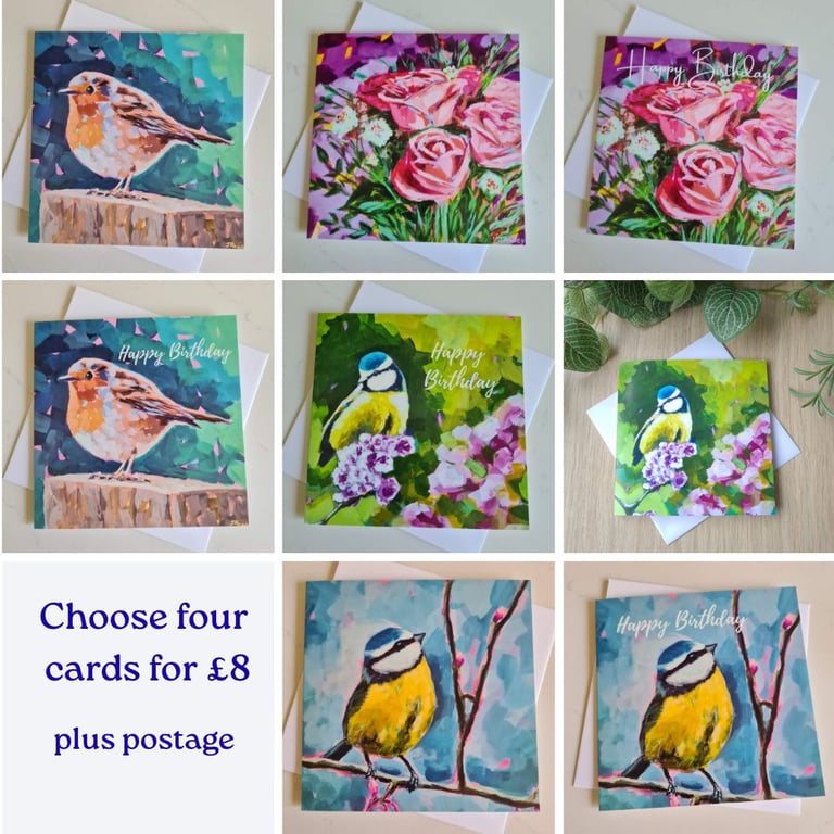 Pick your own cards pack of four bird and floral cards (pack 3)