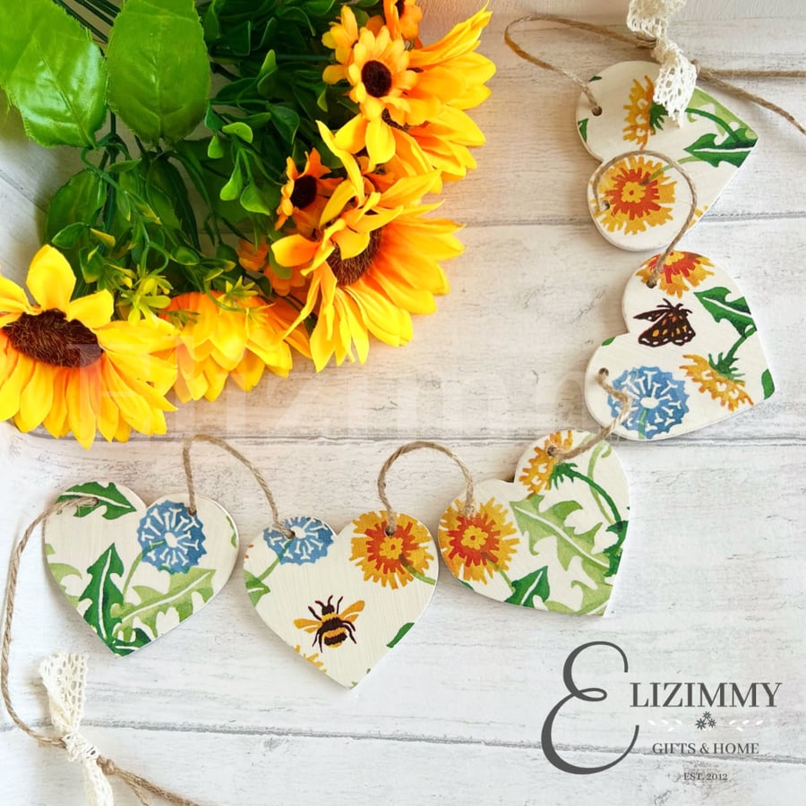 Dandelion Wooden Heart Bunting Decoupaged Emma Bridgewater Dandelions Design