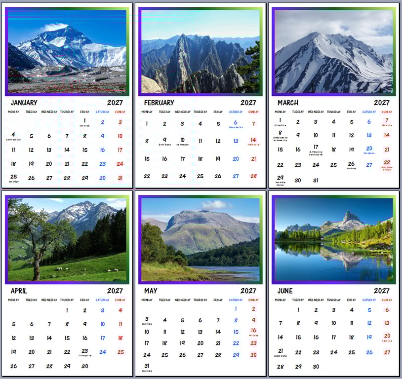 2027 Calendar Mountains of the World A4 Page Per Month 