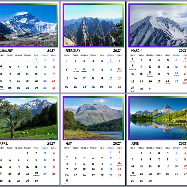2027 Calendar Mountains of the World A4 Page Per Month 