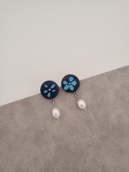Handmade Polymer Clay Earrings with Pearl - Midnight Bloom Pearl Dangle
