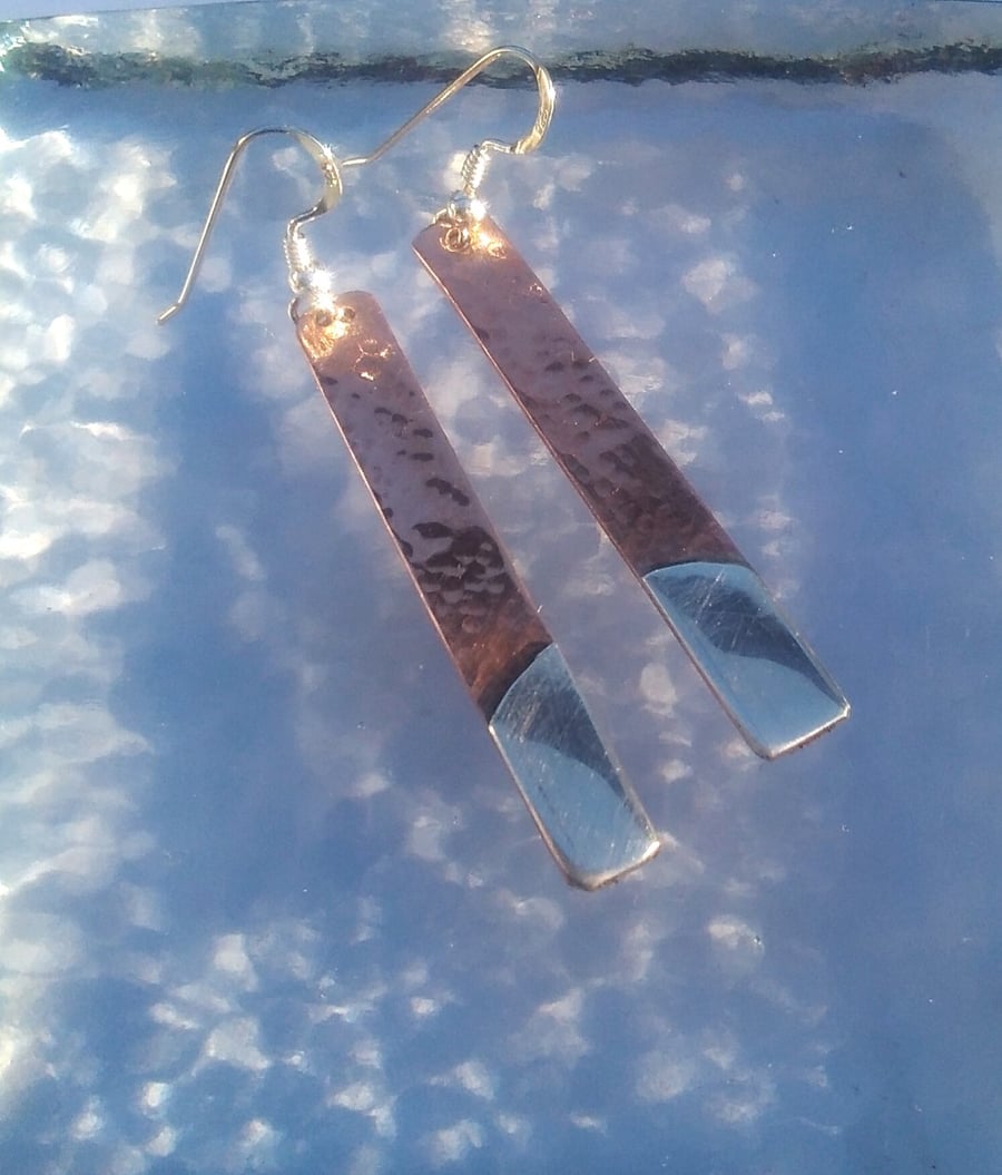 Slim Straight Textured Copper and Fine silver earrings