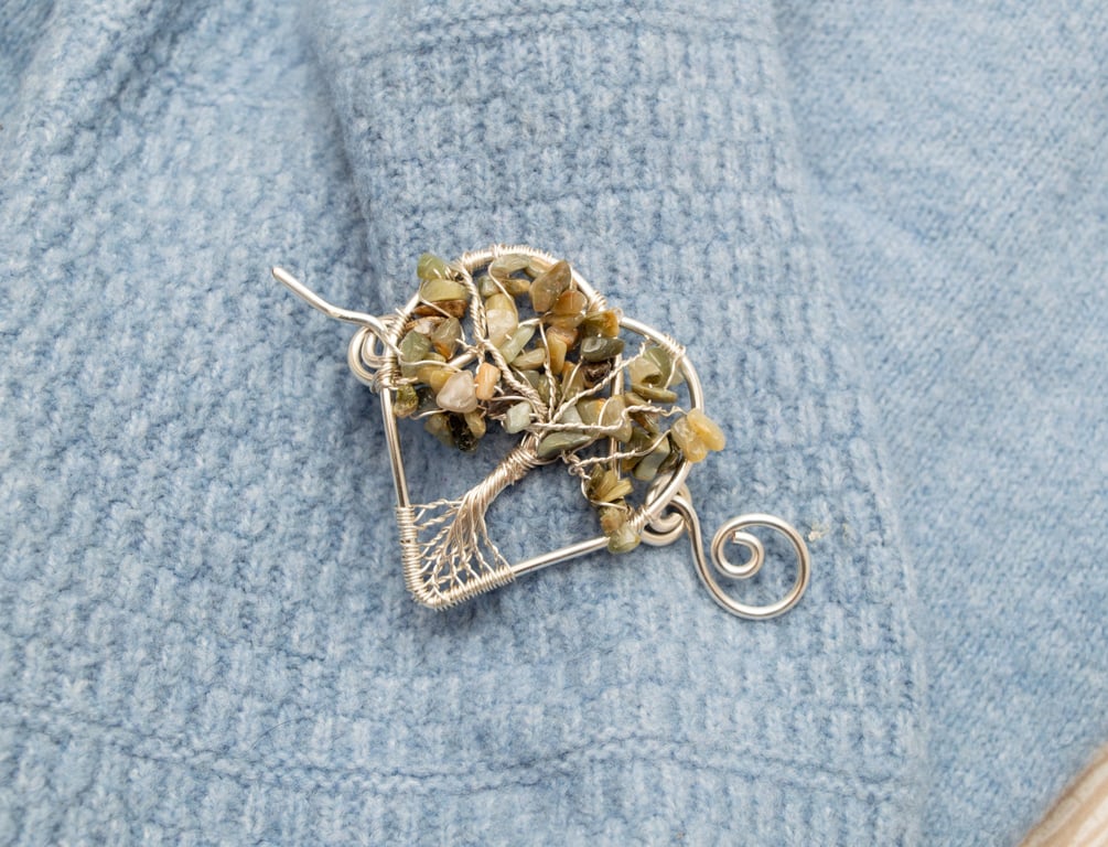 Aventurine Tree of Life Shawl Pin Silver Plated Heart Tree of Life Shawl Pin