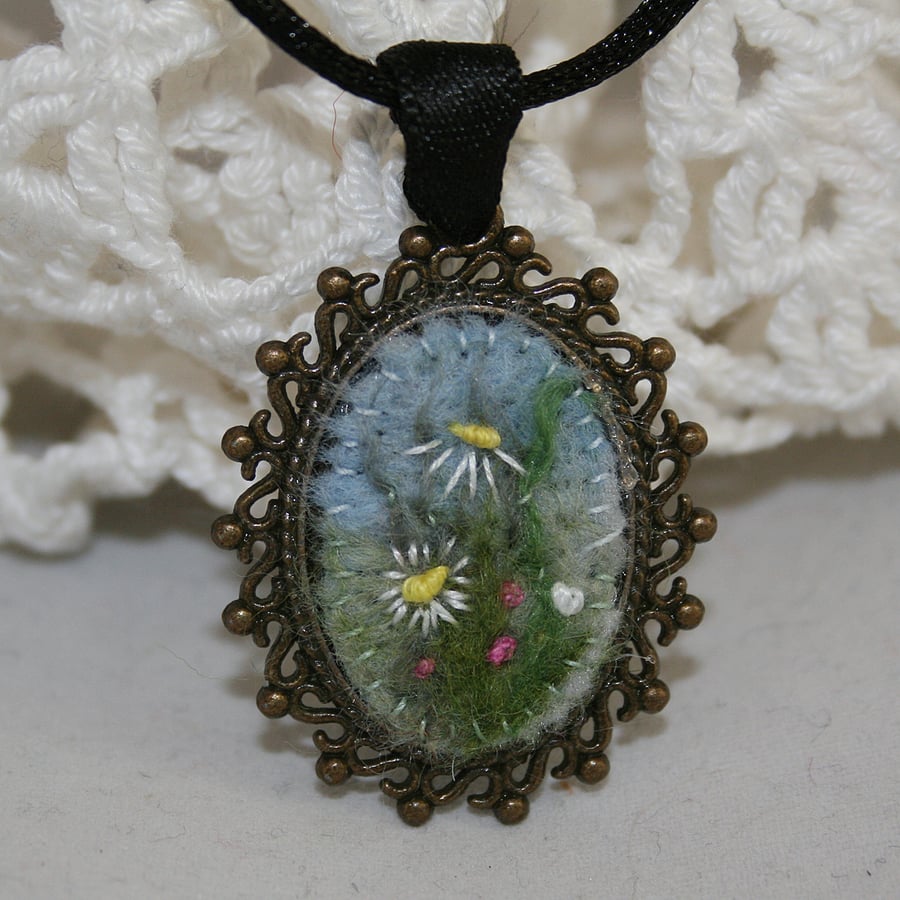 Meadow - felted and embroidered pendant
