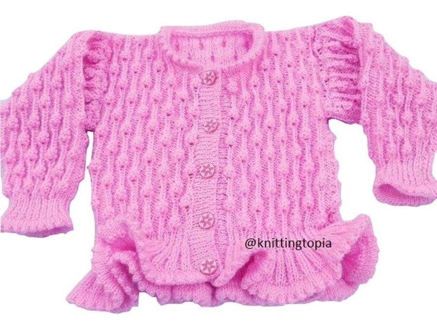 Hand knitted girls sparkly pink bobble cardigan 22 inch chest