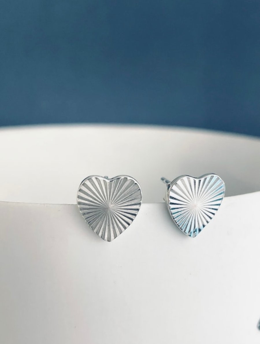 Sterling Silver Heart Ear Stud Earrings 10mm - Patterned-Engraved  - Handmade 