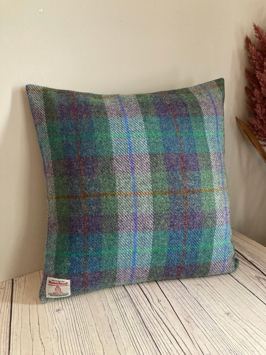 Purple and Green check Harris Tweed cushion cover 40cm x 40cm