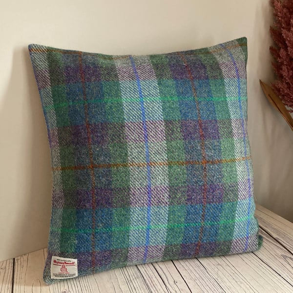 Purple and Green check Harris Tweed cushion cover 40cm x 40cm