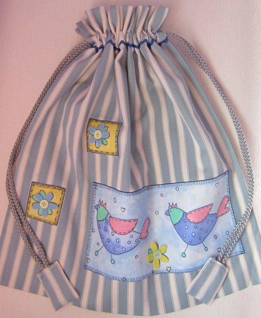 SALE Bird and Felt Flower Drawstring Storage Bag