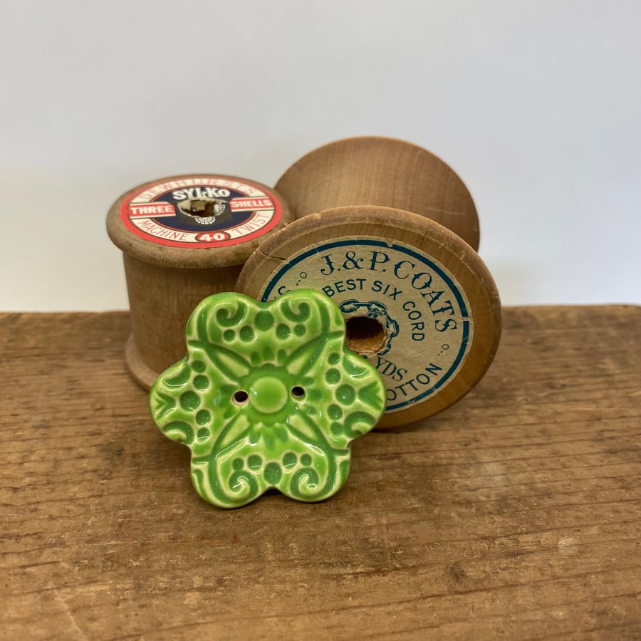 Large ceramic flower shaped button green