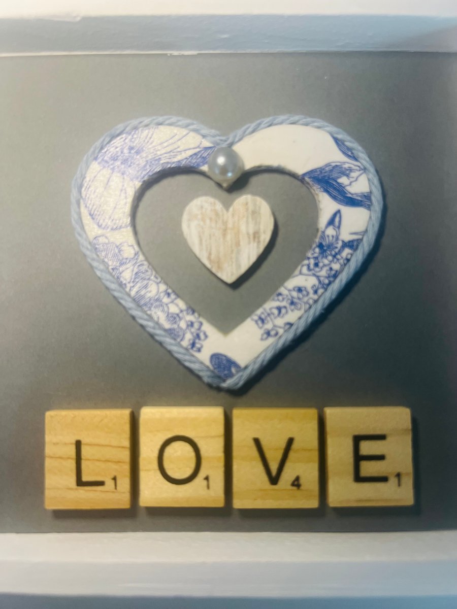 Blue Blossom Decoupage Heart – Rustic Love Frame (12cm x 12cm)