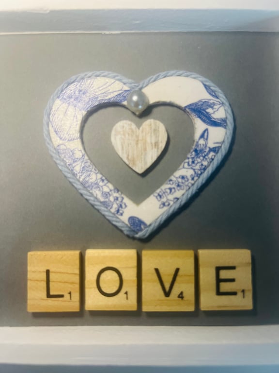 Blue Blossom Decoupage Heart – Rustic Love Frame (12cm x 12cm)
