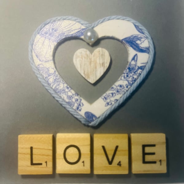 Blue Blossom Decoupage Heart – Rustic Love Frame (12cm x 12cm)