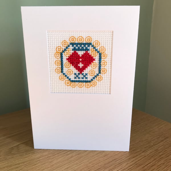 Cross Stitch Folk Art Heart within Octagon Greetings Card Blank