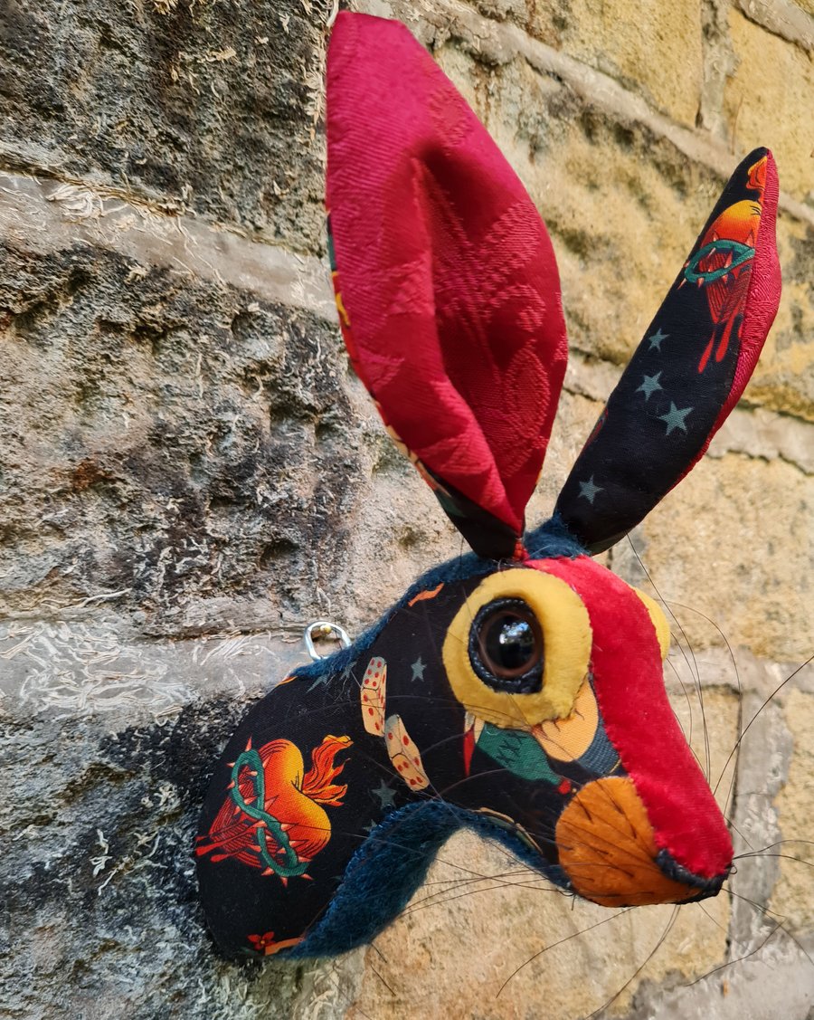 Faux hare head wall mount in old school tattoo style fabric