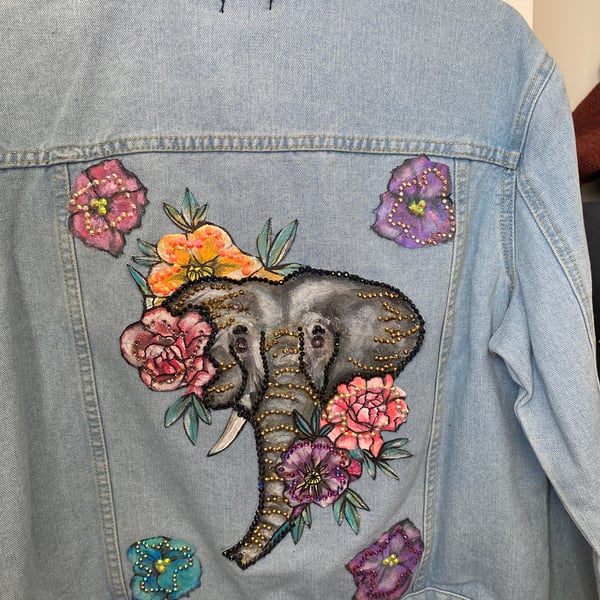 Size 16 Denim new jacket with hand painted elephant design 