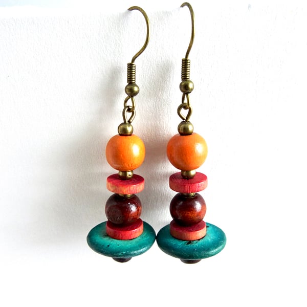 Jade Green Orange Brown Wood African Inspired Earth Colours Dangle Drop Earrings