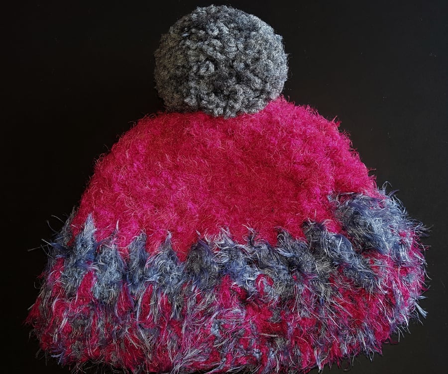 Dark Pink and Grey Chunky Crochet Bobble Hat
